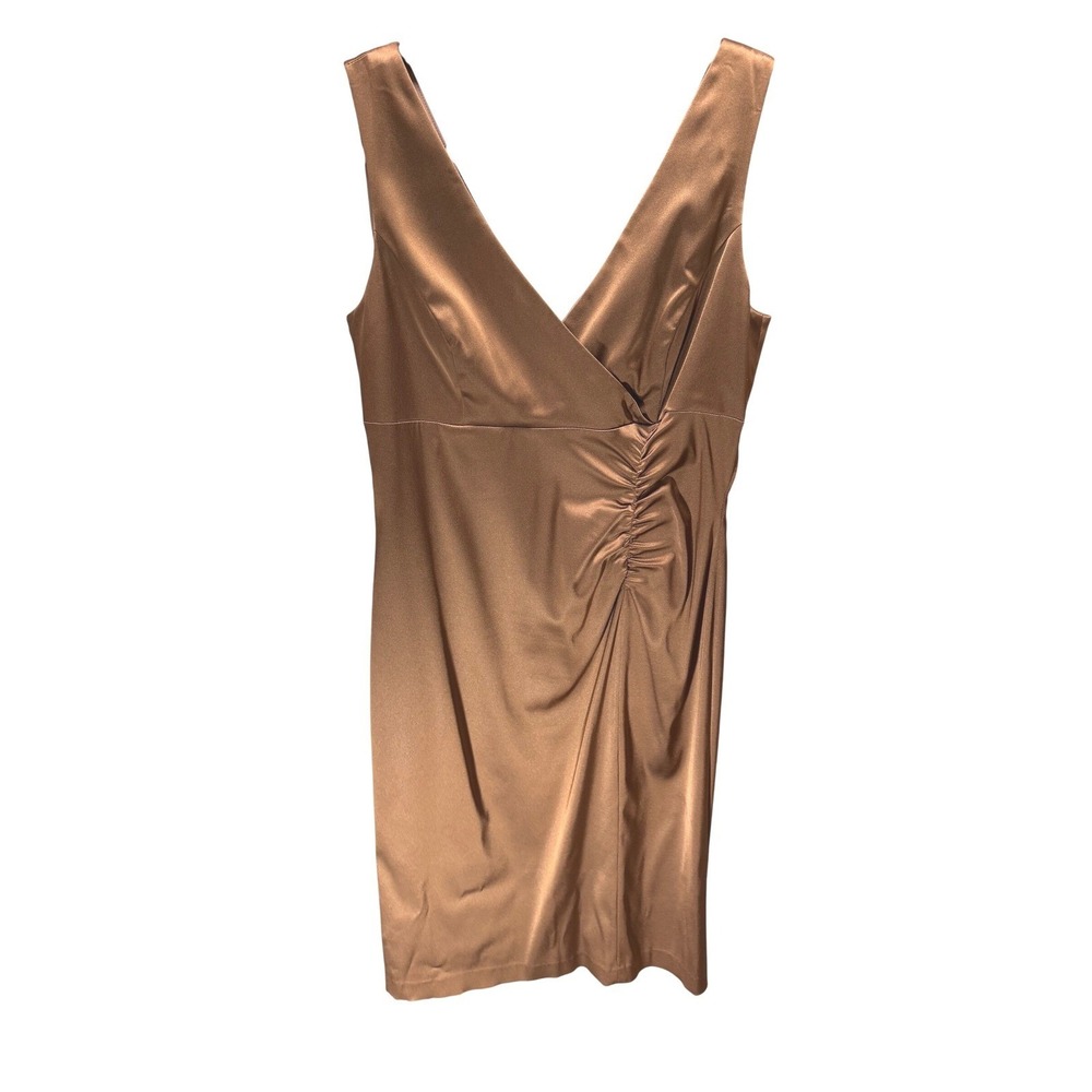Donna Ricco Sheath Dress Womens 10 Bronze Satin V-Neck Ruched Cocktail Party